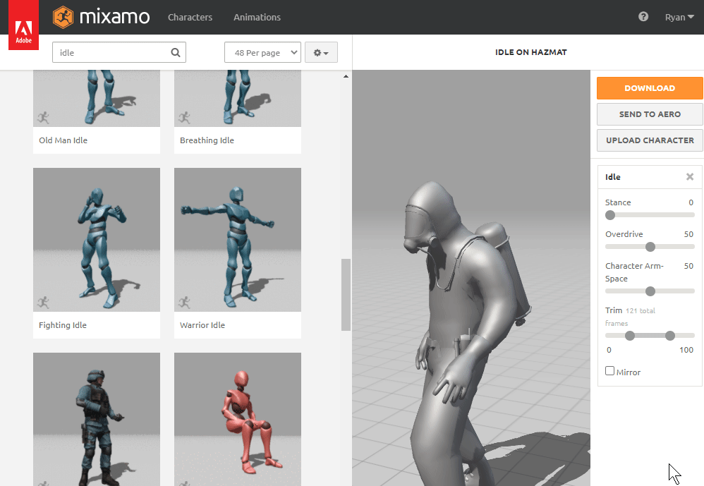 Mixamo kullanım örneği ve arayüz görüntüsü