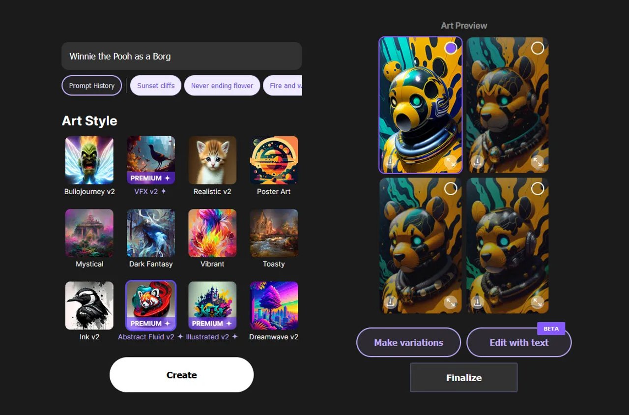 Dream by Wombo kullanım örneği ve arayüz görüntüsü