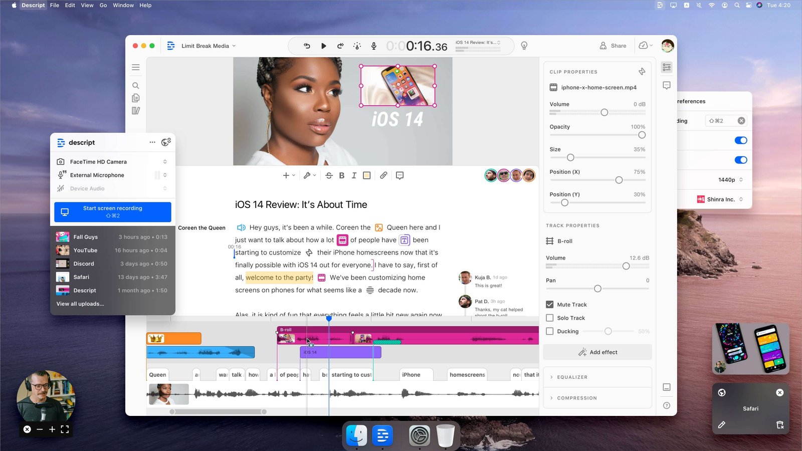 Descript kullanım örneği ve arayüz görüntüsü