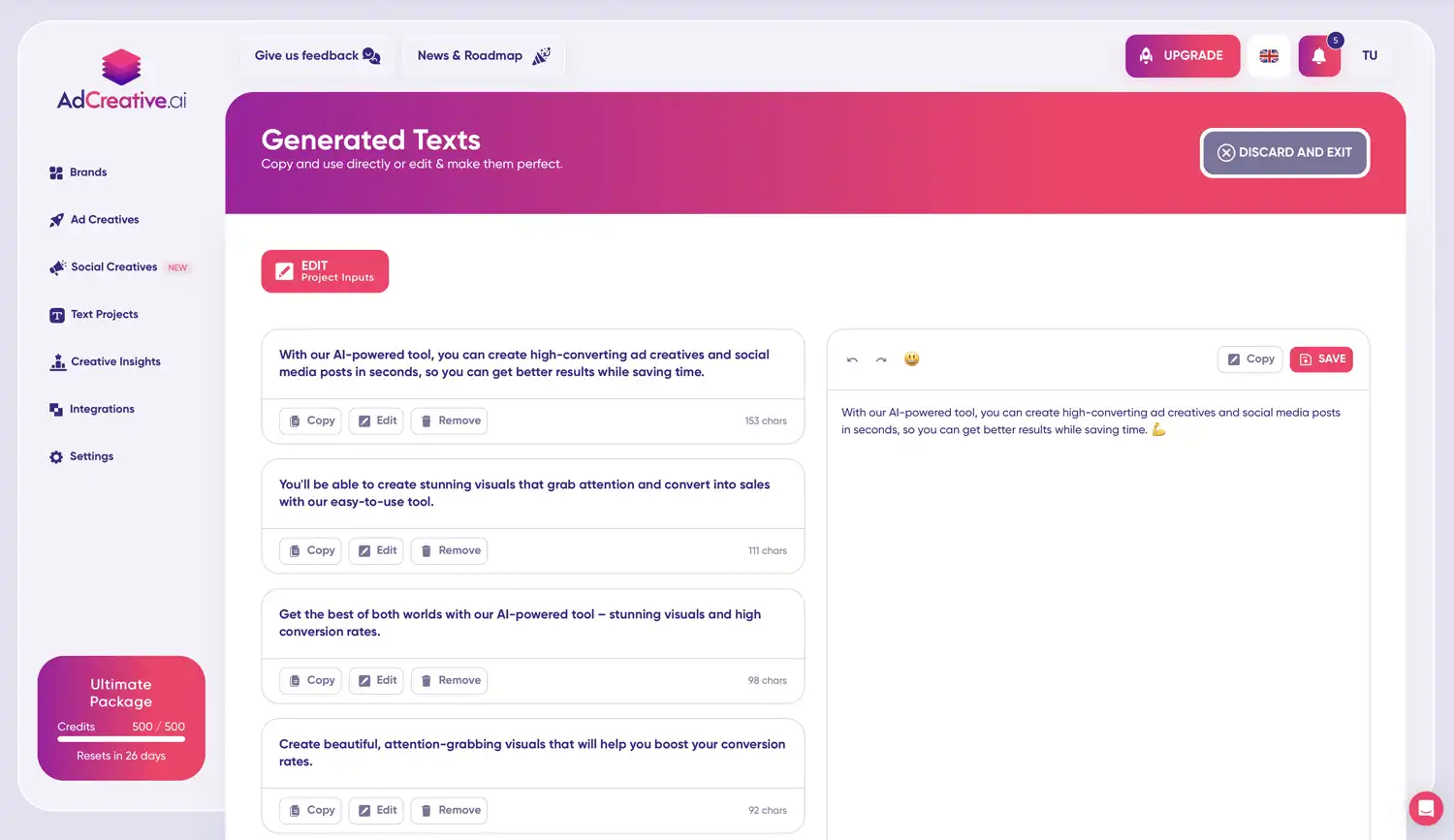 AdCreative.ai kullanım örneği ve arayüz görüntüsü