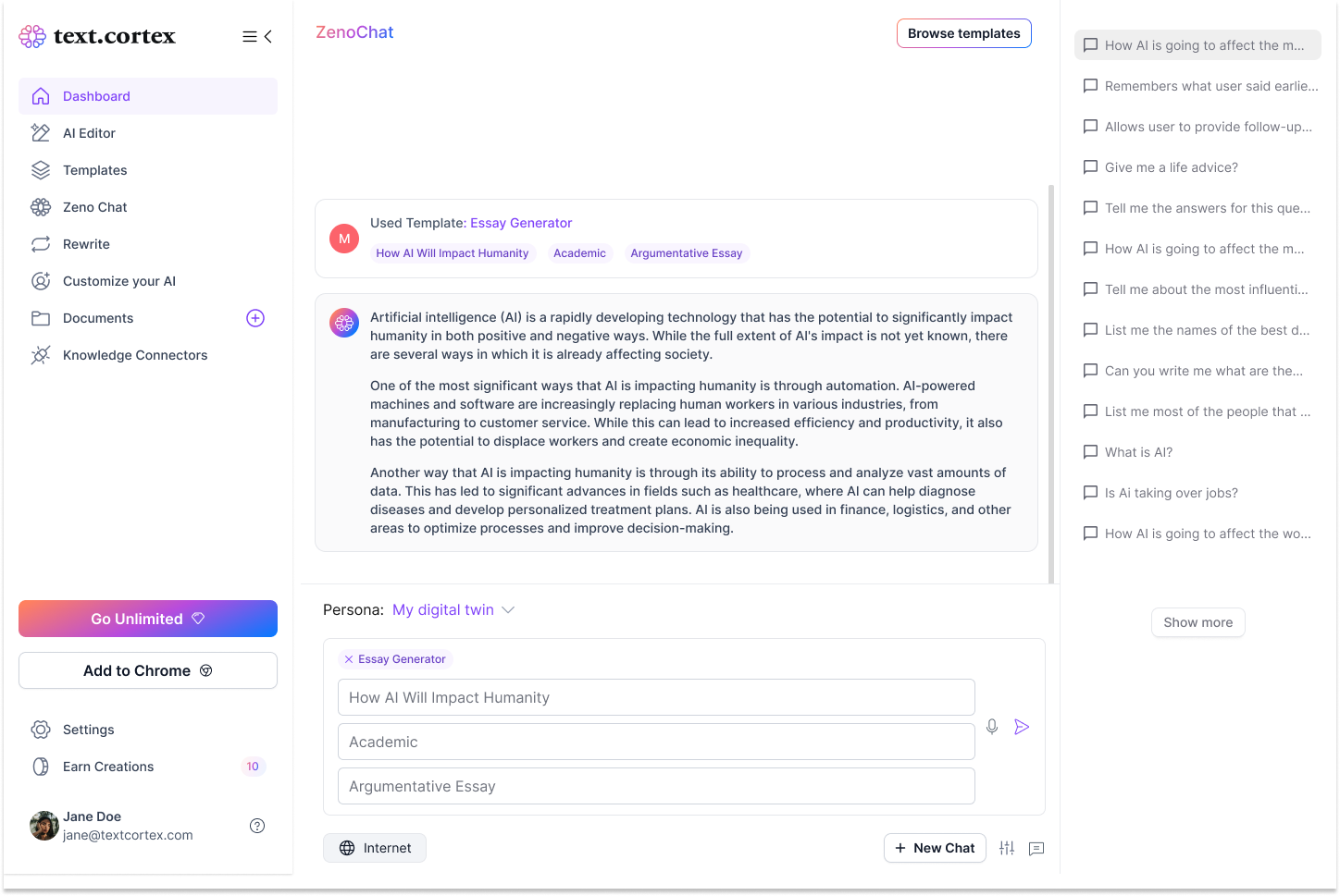 ZenoChat kullanım örneği ve arayüz görüntüsü