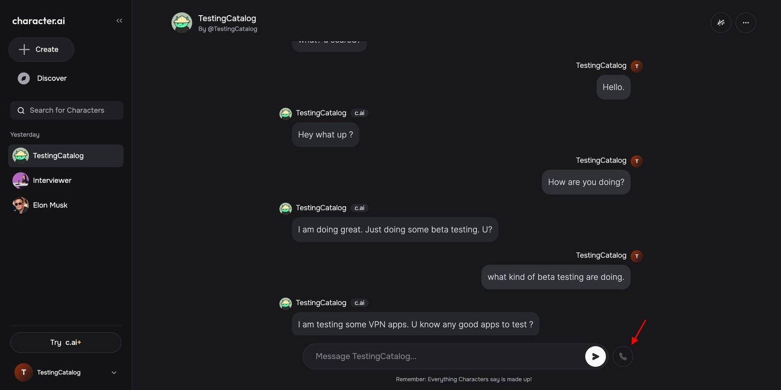 Character.AI kullanım örneği ve arayüz görüntüsü